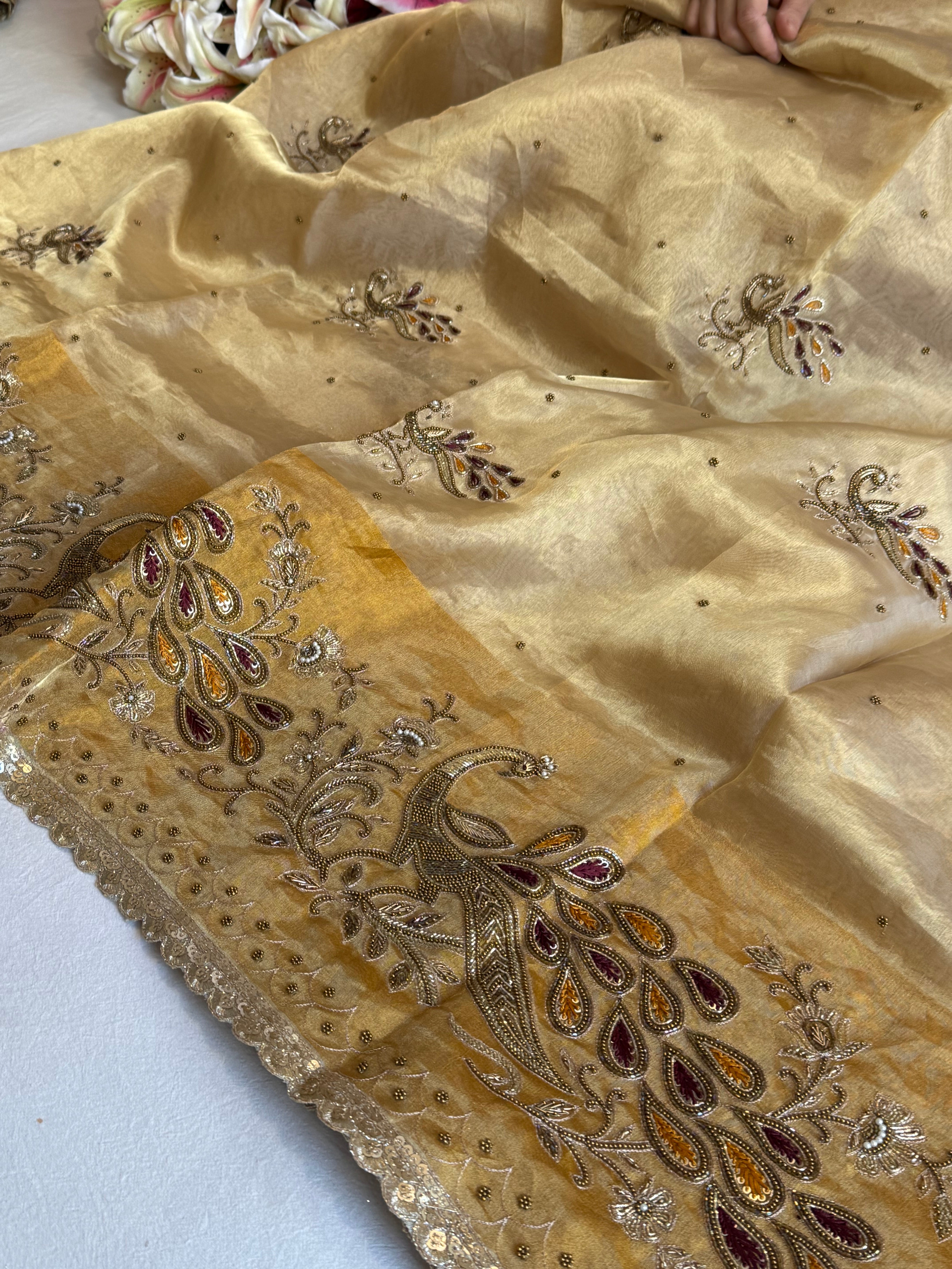 Satin tissue silk butter gold hand embroidered kadhwa banarasi saree